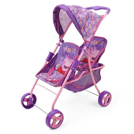Peppa Pig: Doll Twin Stroller - Purple, Pink, Flowers - Seats 2 Dolls Up To 18", Foldable Design, Retractable Canopy, Adjustable Seats, Kid Toy Age 3 