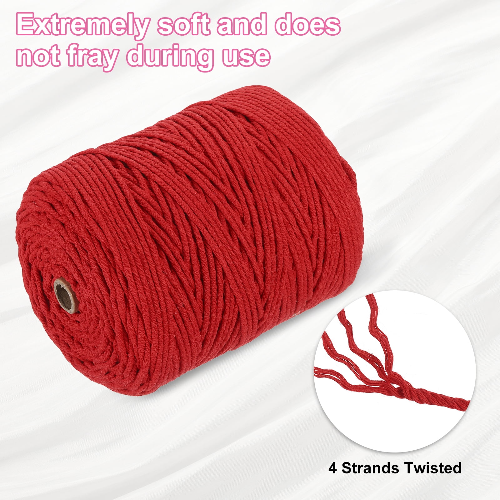 Uxcell Natural Macrame Cord 3mm x 328 Yards 4 Strand Twisted Cotton Macrame Rope for DIY Knitting Plant Wall Hanger Dreamcatcher, Bright Red