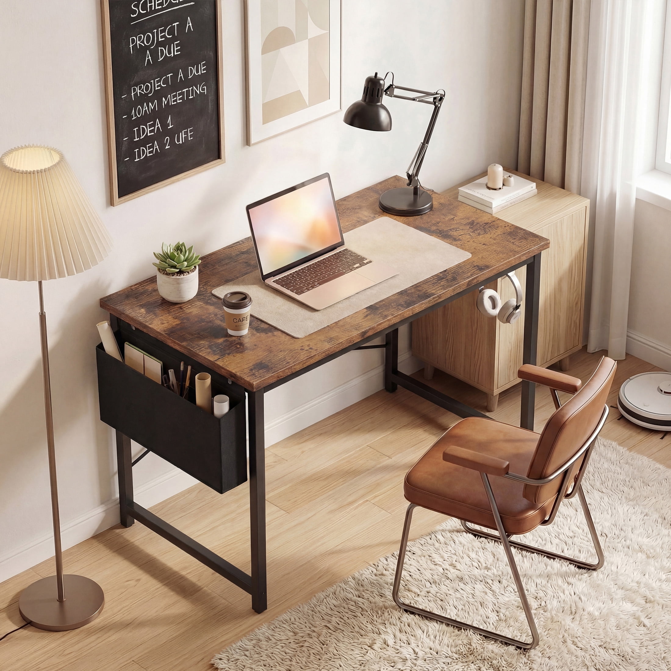 edx 44" Home Office Desk for Small Spaces, Computer Desk with Storage Bag & Hook, Modern Simple Style Study Writing Table for Bedroom, Rustic Brown