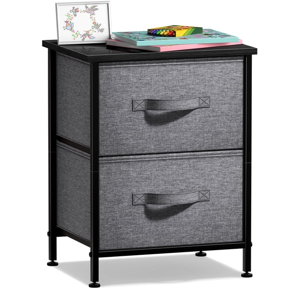Sorbus Nightstand with 2 Drawers, Steel Frame, Wood Top, Fabric Bins, Black
