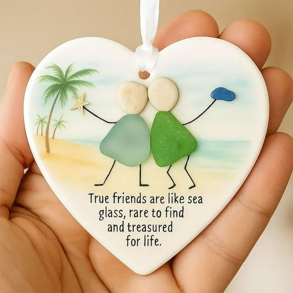 Luysn True Friendship Sea Glass Ornament,Heart Shaped Sea Glass Friendship Ornaments Keepsake for Christmas Tree Hanging Ornament, 2D Acrylic Ocean-Inspired Pendant Decor for Best Friends (1Pc)