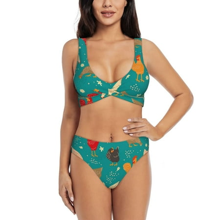 Zeuib Hens And Rooster High Waisted Tummy Control Bikini Set - Knot Front Push Up Top & Cheeky Thong Bottom  Two-Piece Swimsuit for Women-XX-Large