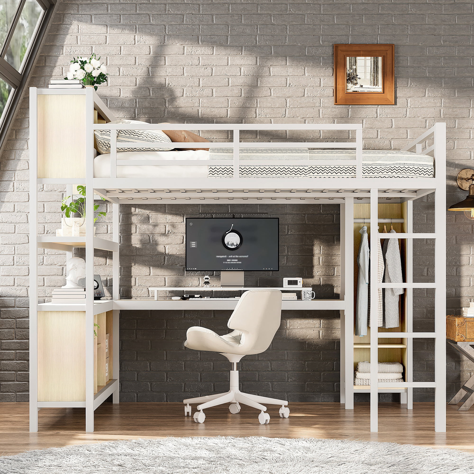 Queen Size Loft Bed with Wardrobe And L-shaped Desk, Metal Loft Bed with Storage Cubes and Shelves, Heavy Duty Loft Bed for Kids Teens Adults, White