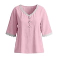 thumbnail image 6 of Otntypg Womens Linen Tops Elbow Length Sleeve Lace Trim Button V Neck T-shirt Dressy Casual Work Blouses Summer Outfits Beach Vacation Tunic Tees Shirt Pink XL, 6 of 7