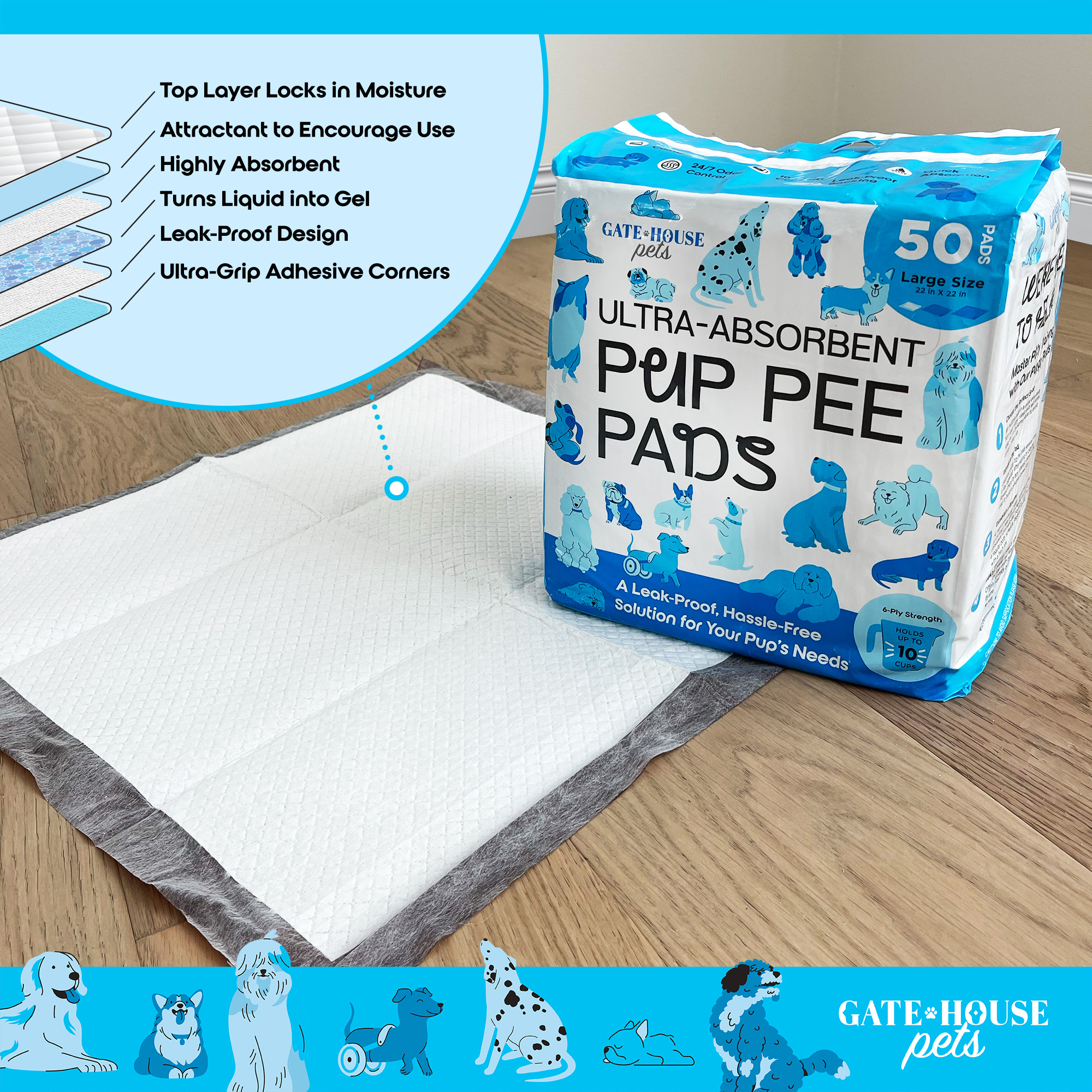 (3 pack) Gatehouse Large Ultra Absorbent Pup Pee Pads, Dog and Puppy Training Pads with Adhesive Corners, 22"x 22", 50 Count