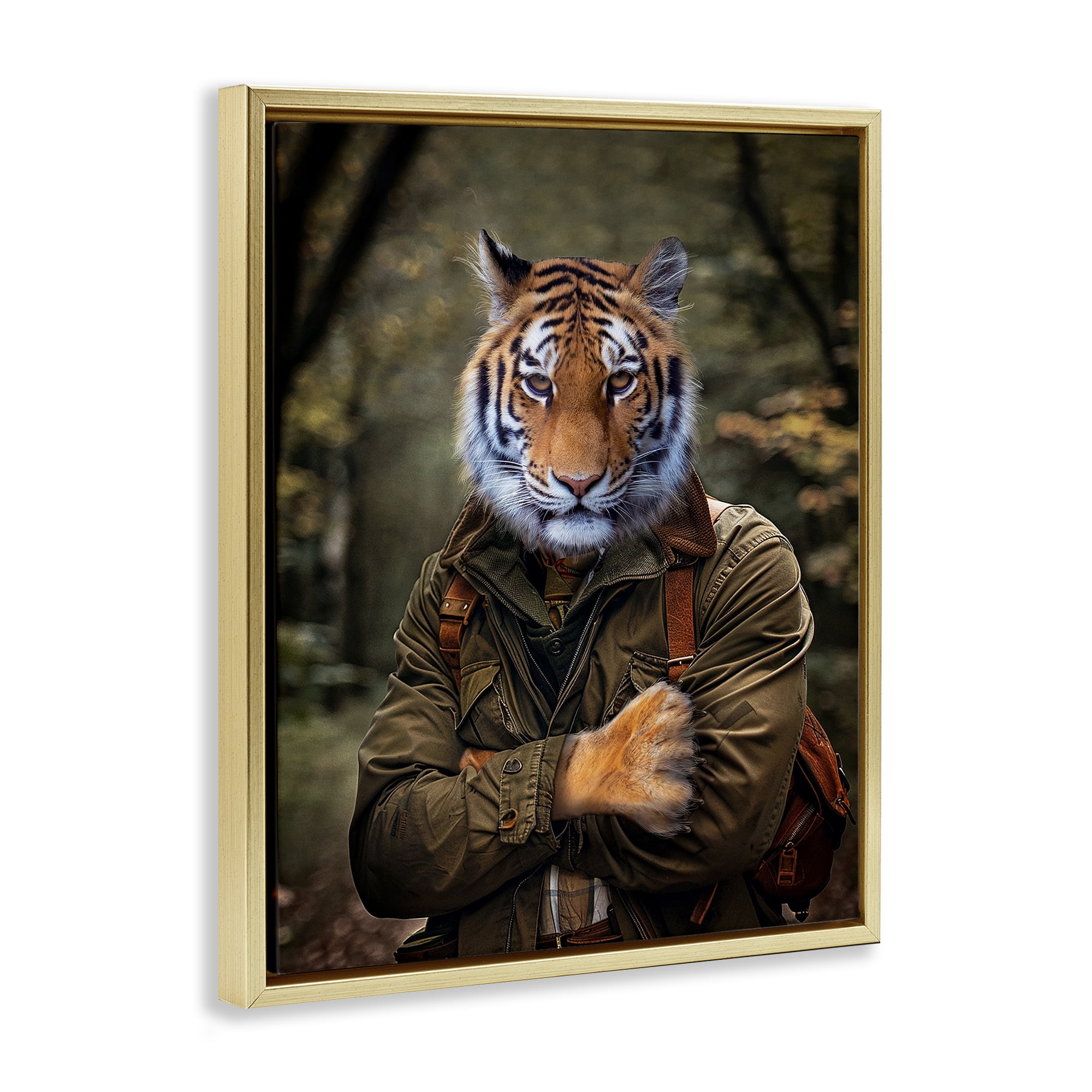 Stupell Industries Tiger in Hiking Attire Animals & Insects Painting Gold Floater Framed Canvas Art Print Wall Art, 17 x 21