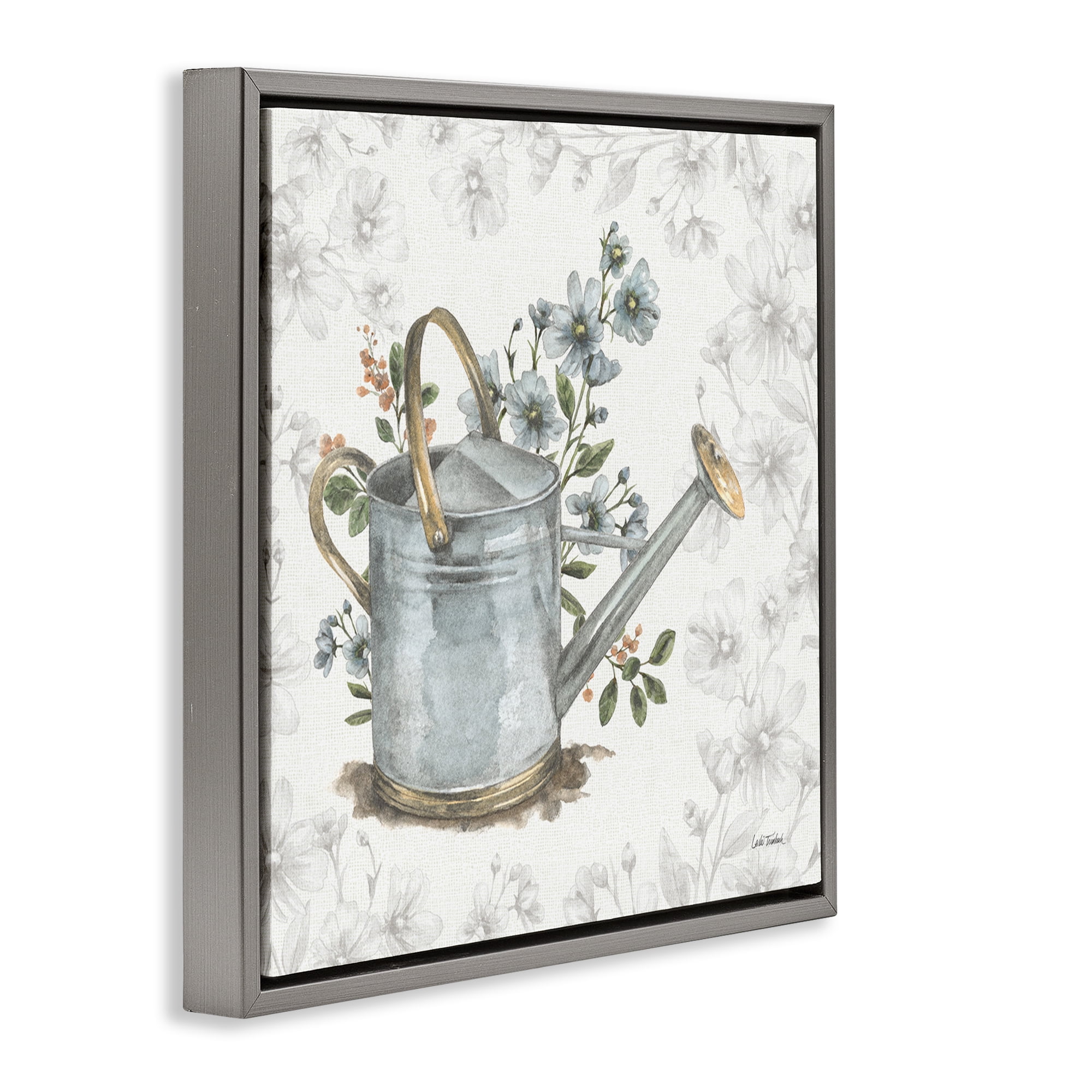 Stupell Industries Floral Watering Can Botanical & Floral Painting Gray Floater Framed Canvas Art Print Wall Art, 25 x 25