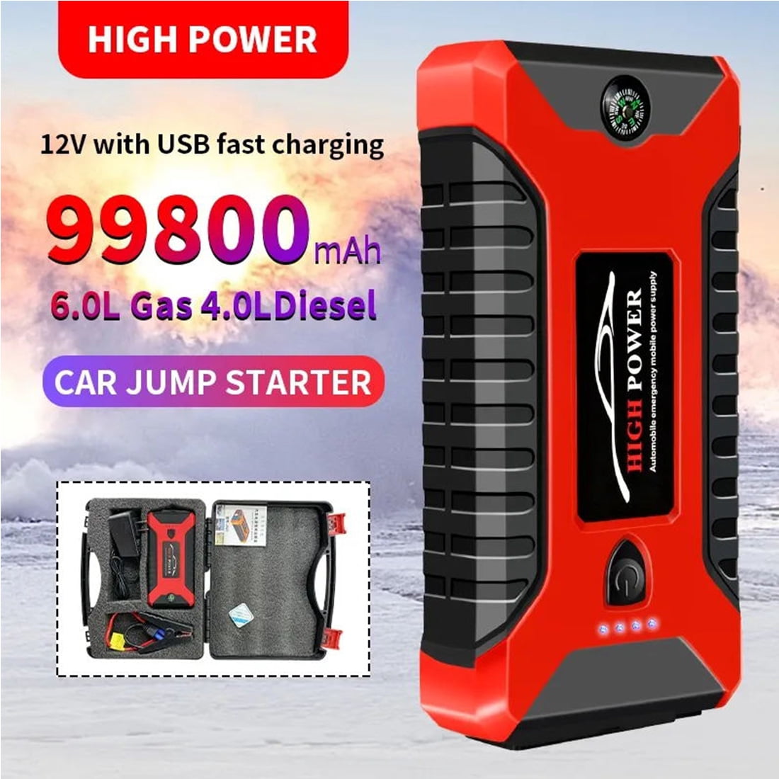 Car Jump Starter,Battery Jump Starter with USB Quick Charge(for All Gas or Diesel Engine) Charger Booster Powerbank Car, Portable Power Bank Charger with Built-in LED Bright Light