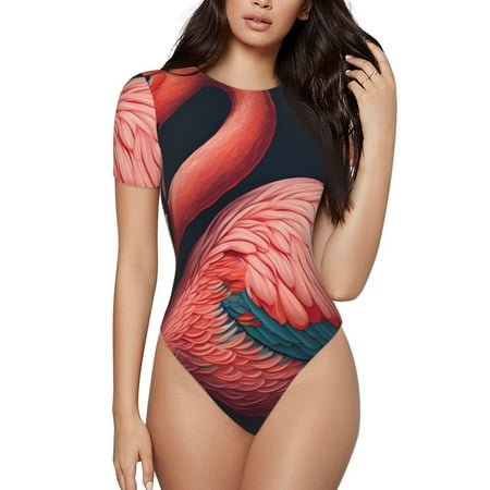 Gaeub Colorful Floral Flamingo Print Women s Short Sleeve One Piece Swimsuit Sexy High-Waisted Bodysuit Bathing Suit for Swimming  Beach  Sports-Small