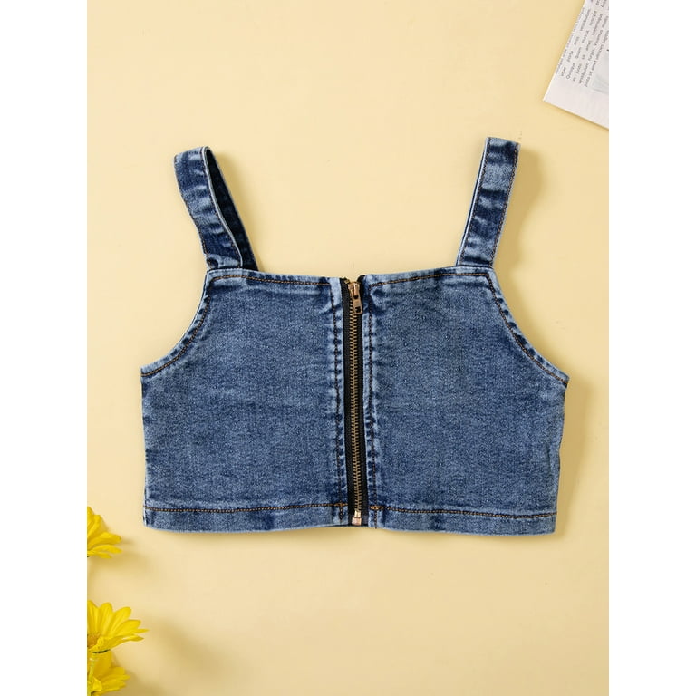 Bagilaanoe 2PCS Little Girls Denim Set Sling Tie-Up Crop Camisole Tops + Ruffle Denim Shorts 1-6 Years Kids Girls Summer Cozy Outfits