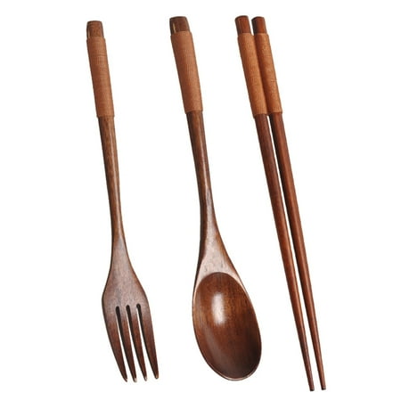 

Wooden Set Wooden Portable Set Spoon Fork Chopsticks Dinnerware with Khaki Twining Thread