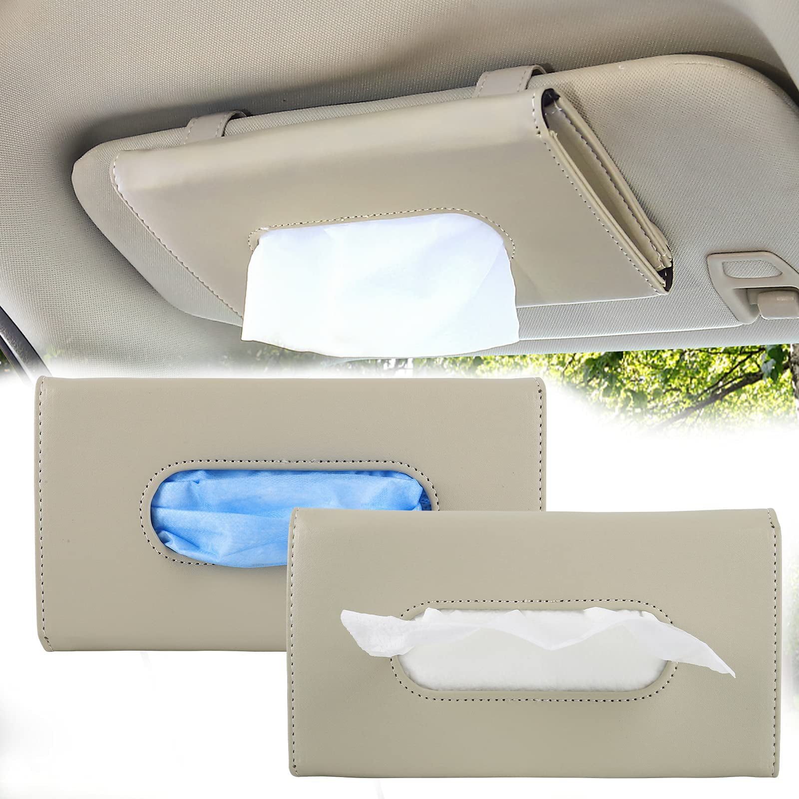 Beige PLASTIFIC Car Tissue Holder Car Visor Organizor Sun Visor Tissue Holder PU Leather Car Napkin Holder Car Tissue Box Backseat Tissue Case Car Tissue Dispenser