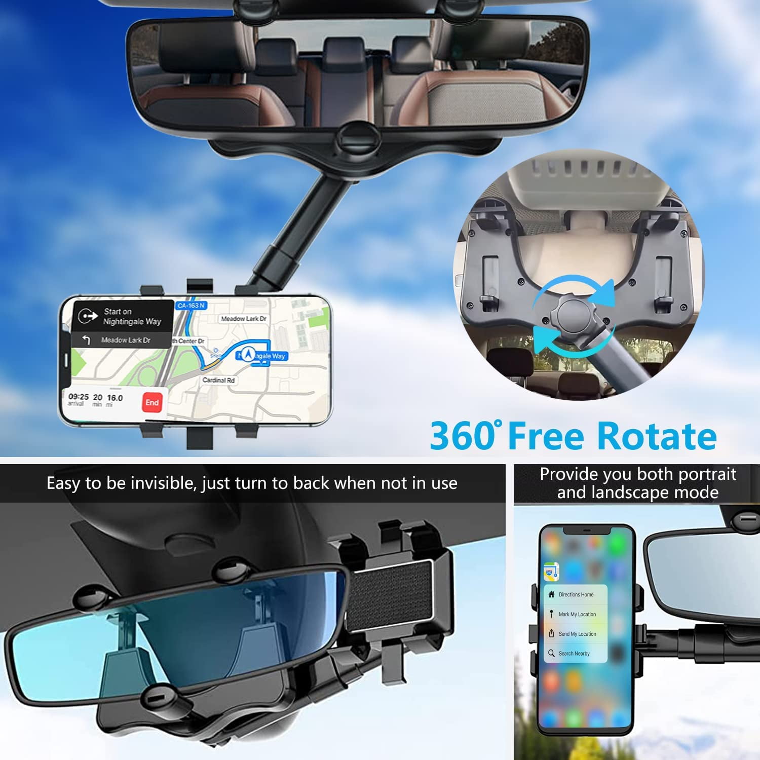 Rearview Mirror Phone Holder for Car, 360° Rotating Rear View Mirror Phone  Mount with Adjustable Arm Length, Multifunctional Phone and GPS Holder