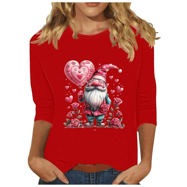 Staron Vente de Liquidation Chandails de la Saint-Valentin pour Femmes Mode Décontractée Chandails à Col Rond Manches 3/4 T-Shirt Mignon avec Cœur Cadeaux de la Saint-Valentin Chemisiers