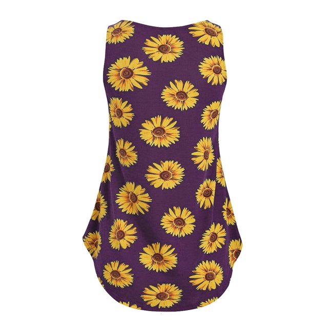 Mode Femmes Sans Manches Tournesol Impression Couleur Bloc Réservoir T-Shirt Top