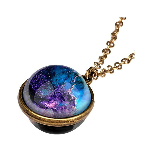 Collier Pendentif Planète Dôme en Verre Double Face Système Galaxie Phosphorescente