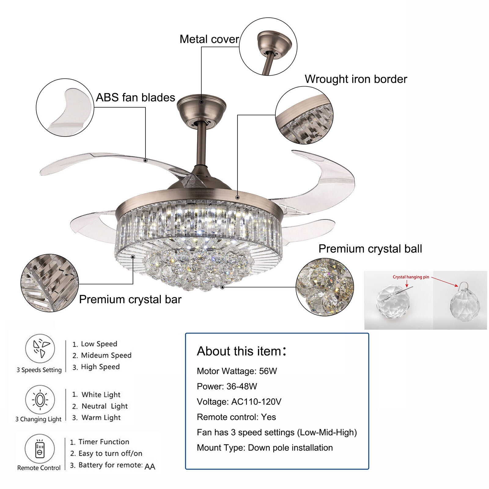36"Modern Indoor Ceiling Fan With LED Light Crystal Ceiling light with Fan Chandelier Lamp pendent celling lighting lamp light fixture Fandelier Remote Control 3 Fan Speeds