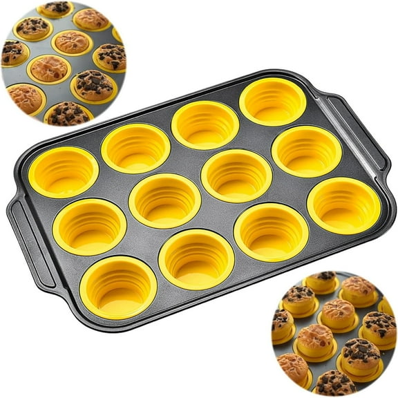 12-Cup Silicone Muffin Pan with Metal Frame - Nonstick Cupcake & Egg Bite Mold, Dishwasher Safe Bakeware for Oven ( Yellow)