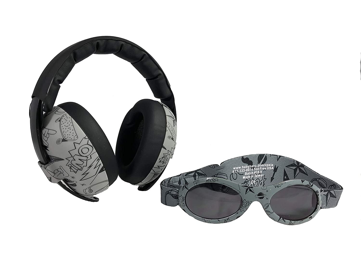 Baby Hearing Protection Earmuffs & Wrap Around Sunglasses Combo Set - 0-2 years old - Grey Doodle