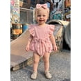 thumbnail image 5 of BemeyourBBs Newborn Baby Girl Summer Clothes Cotton Linen Outfit Infant Bubble Romper Cute Floral Bow Print Fake Two Pieces Flutter Sleeve Bodysuit Jumpsuit Playsuit with Headband, 5 of 9
