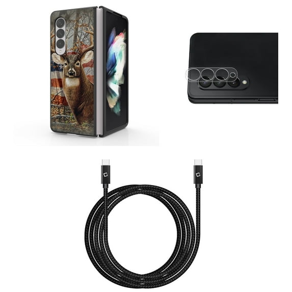 Accessory Bundle for Galaxy Z Fold 4: Slim Snap-On Case (American Deer Buck), Rear Camera Glass Protector, Nylon Braided USB-C to USB-C Cable (4 Feet)