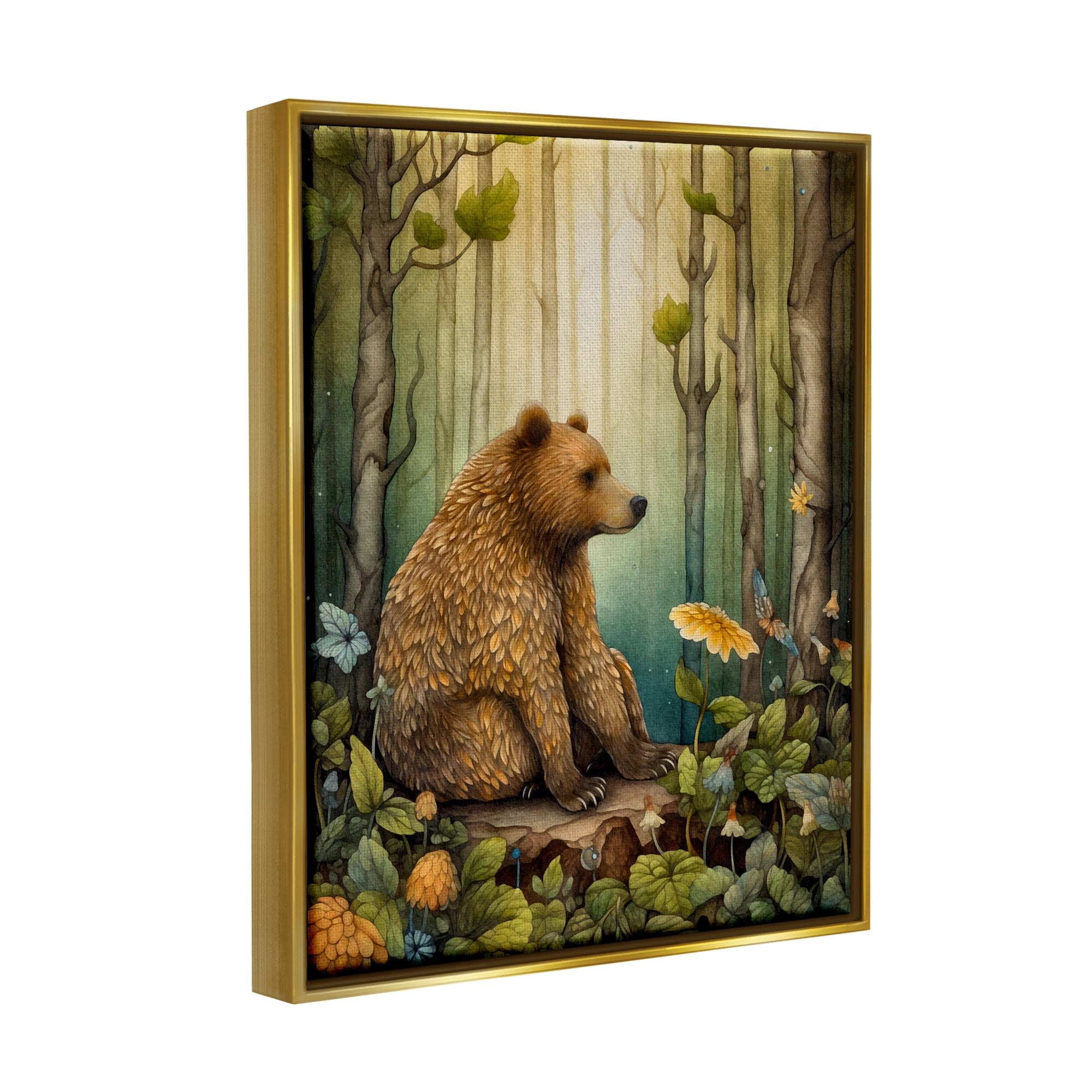 Stupell Industries Bear in Magical Forest Animals & Insects Painting Gold Floater Framed Canvas Art Print Wall Art, 17 x 21