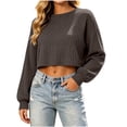 thumbnail image 2 of thefmos Women's Cropped Ribbed Knit Top Round Neck Long Sleeve Short Sweater Fashion Fall Winter Casual Outfit, Coffee XL, 2 of 6