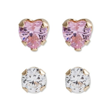 Brilliance Fine -Girl’s/Tween 14K Yellow Gold CZ Round and Heart Stud Earring Set