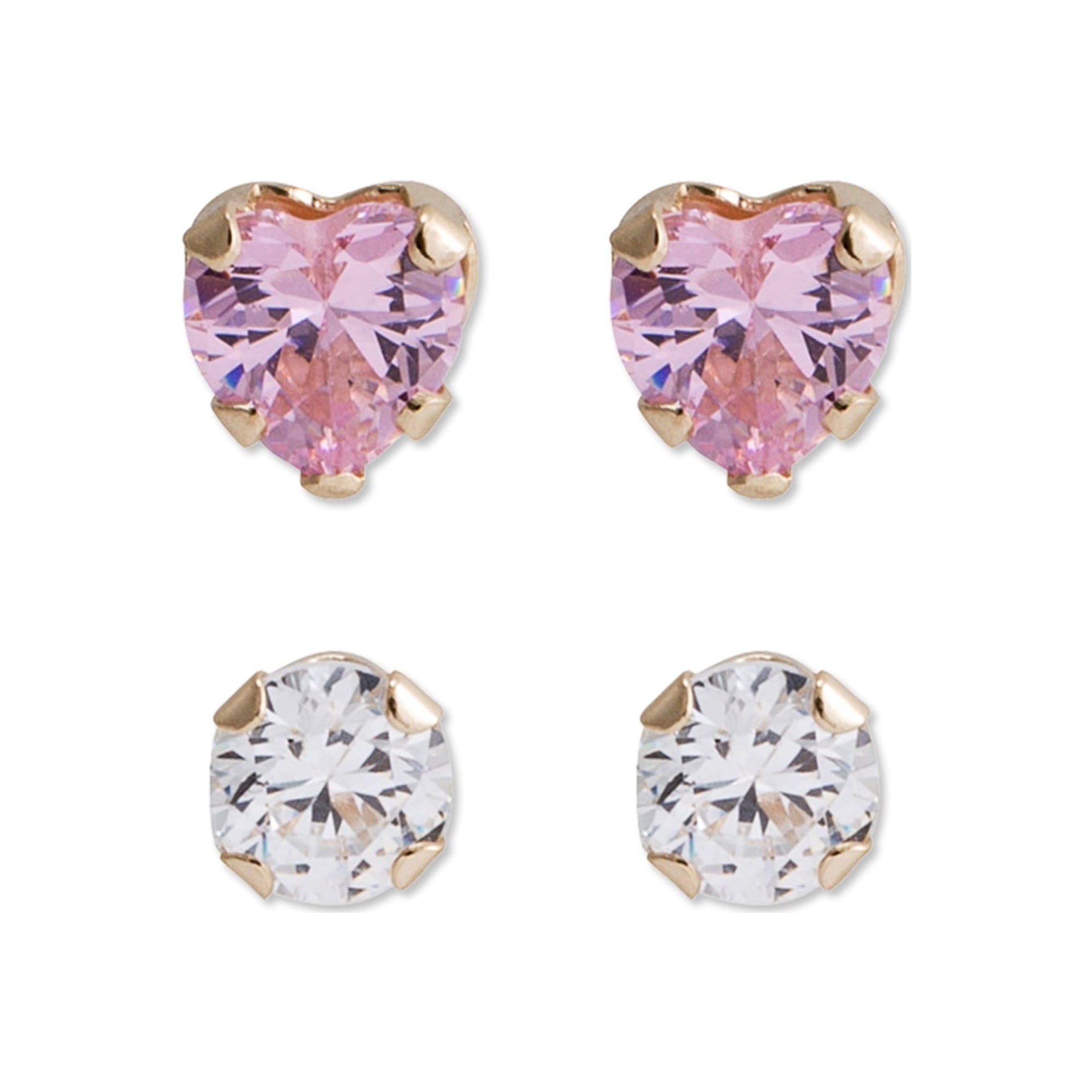 Brilliance Fine -Girl’s/Tween 14K Yellow Gold CZ Round and Heart Stud Earring Set