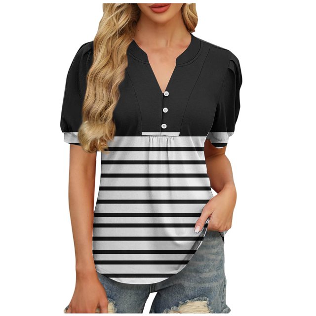Liquidation! Hauts Grande Taille pour Femmes, Blouse à Manches Courtes d'Été pour Femmes, Blouse Décontractée à Imprimé Col en V Manches Courtes Décontractée pour Femmes