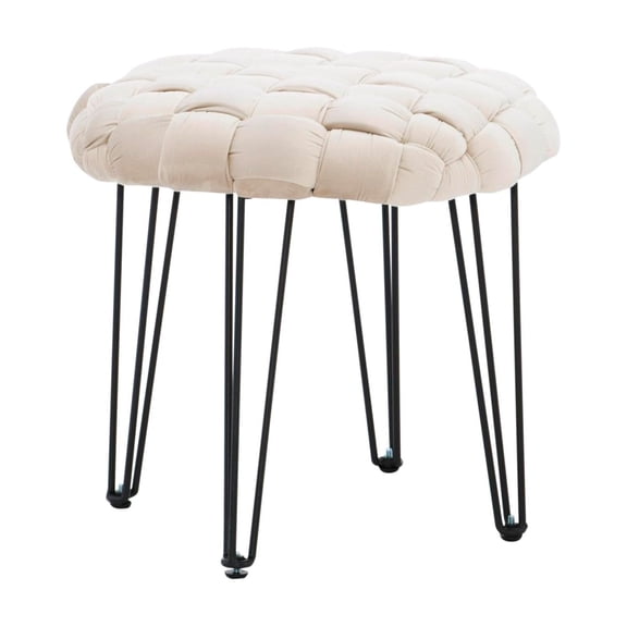 Linon Henson Round Stool Black Hairpin Legs Basketweave Seat in Cream Velvet