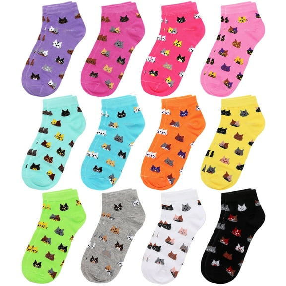 12-Pack Assorted Colors Women's Novelty Ankle Socks Size 9-11 Cat