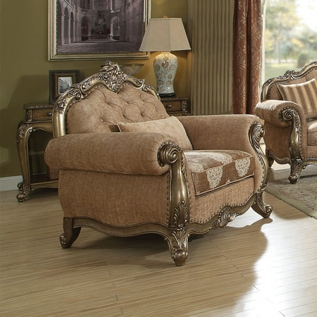 Acme Furniture ACME Ragenardus Fabric Upholstery Floral Chair in Vintage Oak