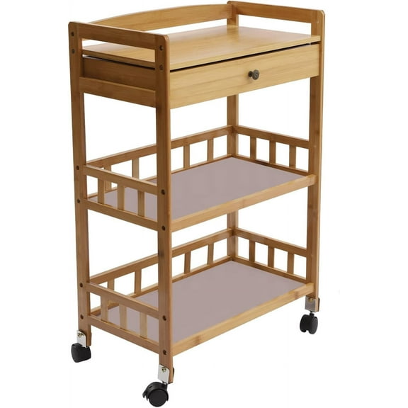 Entertainment Kitchen Cart, 3-Tier Serving Cart with Drawer Fence Bamboo Rolling Bar Cart with Wheels and Handle, Living Room Kitchen Storage Stand Microwave Carts