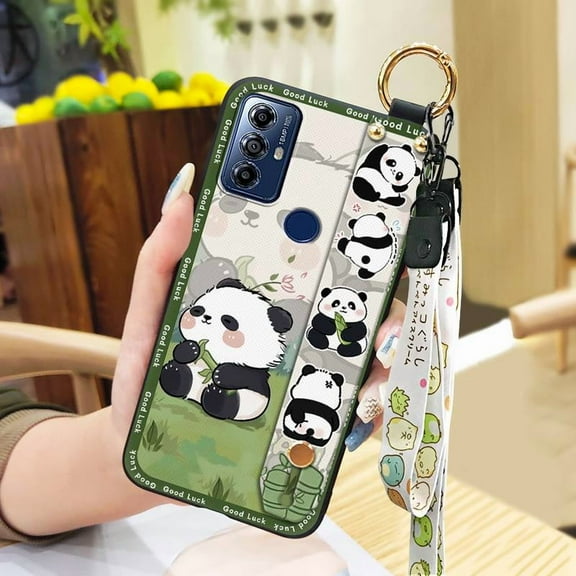 KBS-Phone Case For MOTO G Play 2023, Soft case Durable Anti-knock Silicone Ring Anti-dust Shockproof Lanyard Panda Back Cover Protective Phone Holder Dirt-resistant Kickstand Wrist Strap