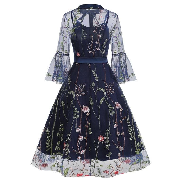 IDOPIP Women Mesh Floral Embroidery Vintage Dress Illusion 50s Goth Flared  A line Cocktail Dress - Walmart.com