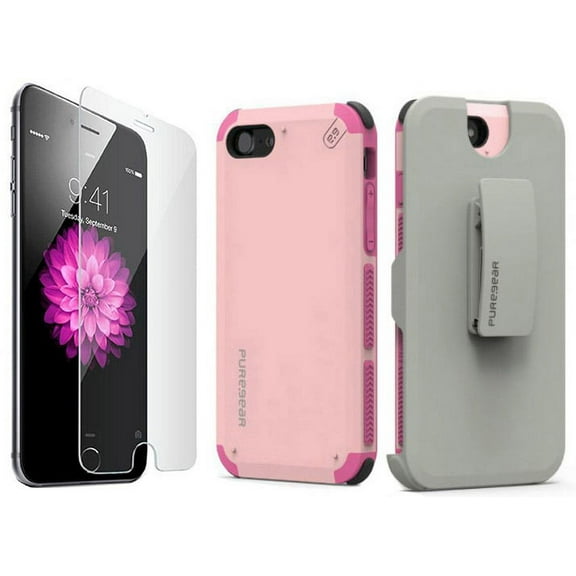 Case with Clip for iPhone 8 Plus, PureGear [Light Pink] Dualtek Extreme Rugged Cover   Belt Hip Holster with Stand [and BONUS Tempered Glass Screen Protector] for Apple iPhone 7 Plus, iPhone 8 Plus
