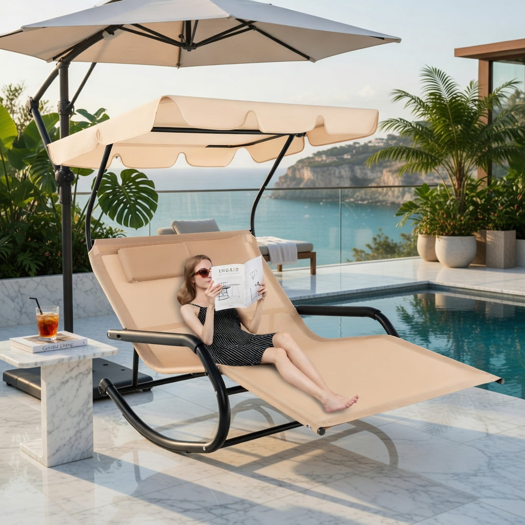 Hommoo 2-Person Outdoor Rocking Chaise Lounge with Adjustable Canopy & Mobility Wheels, Metal Frame Patio Lounger for Backyard, Poolside, Deck, Beige