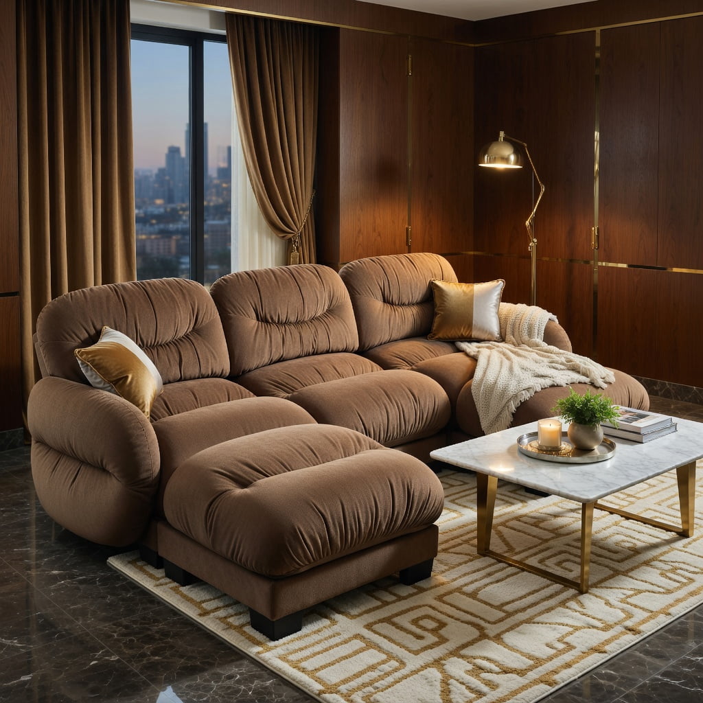 Hommoo Chenille U-Shape Modular Sectional Sofa with Pleated Back, Ergonomic High-Density Foam Cushions, 3-Seater + 2 Ottomans + 2 Round Throw Pillows, Brown