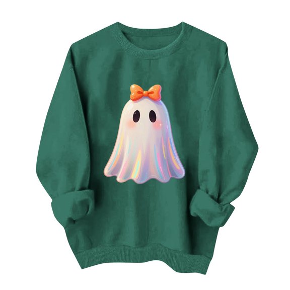 Mifsaly Halloween Sweatshirts for Women Casual Crewneck Long Sleeve Sweatshirt Novelty Spooky Ghost Graphic Pullover Tops Green,S
