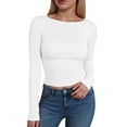 thumbnail image 2 of felwors Women's Boat Neck Tops Long Sleeve Shirts Casual Fitted Tee Shirts Solid Color Fall Basic Clothes White, L, 2 of 5
