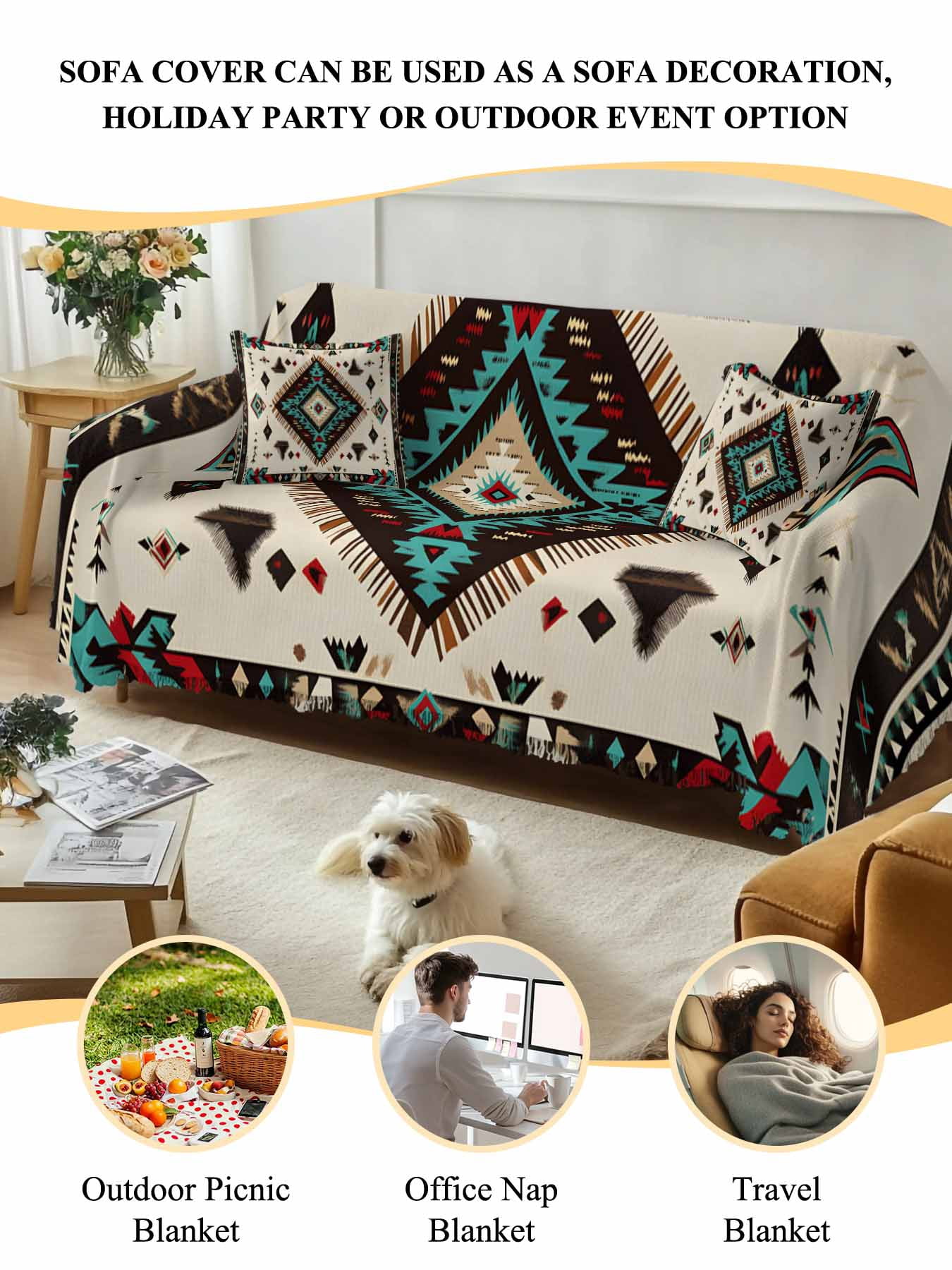 Red Teal Brown Southwestern Couch Cover, Ethnic Geometric Boho Retro Sofa Cover Blanket for 3 Cushion Couch, Sectional Sofa Slipcover Furniture Protector for Living Room Bedroom 71''x134''
