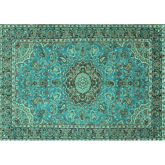Ahgly Company Machine Washable Indoor Rectangle Medallion Turquoise Blue Traditional Area Rugs, 5' x 8'