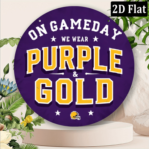 2D Flat, 1pc Vintage Football Game Day Metal Sign - Round Aluminum Wall Decor with Leopard Print Purple Golden Team Color.8x8 inch