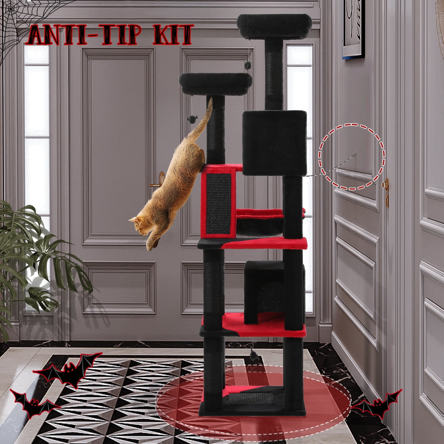 Pefilos 70" Cat Tree Tower for Indoor Cats, Multi-Level Cat Tree House Cat Scratching Post with 2 Perches, 2 Cat Condos, Hammock and 2 Pompoms, Black