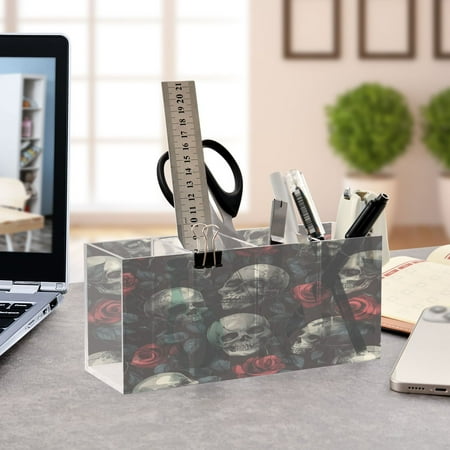 WOBOGO Skull Red Roses Pattern Acrylic Pen Holder 4 Compartments Clear Pencil Organizer Makeup Brush Storage Case