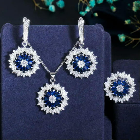 Fashion Multicolor CZ Round Sun Flower Pendent Necklace Earring Ring Jewelry Set