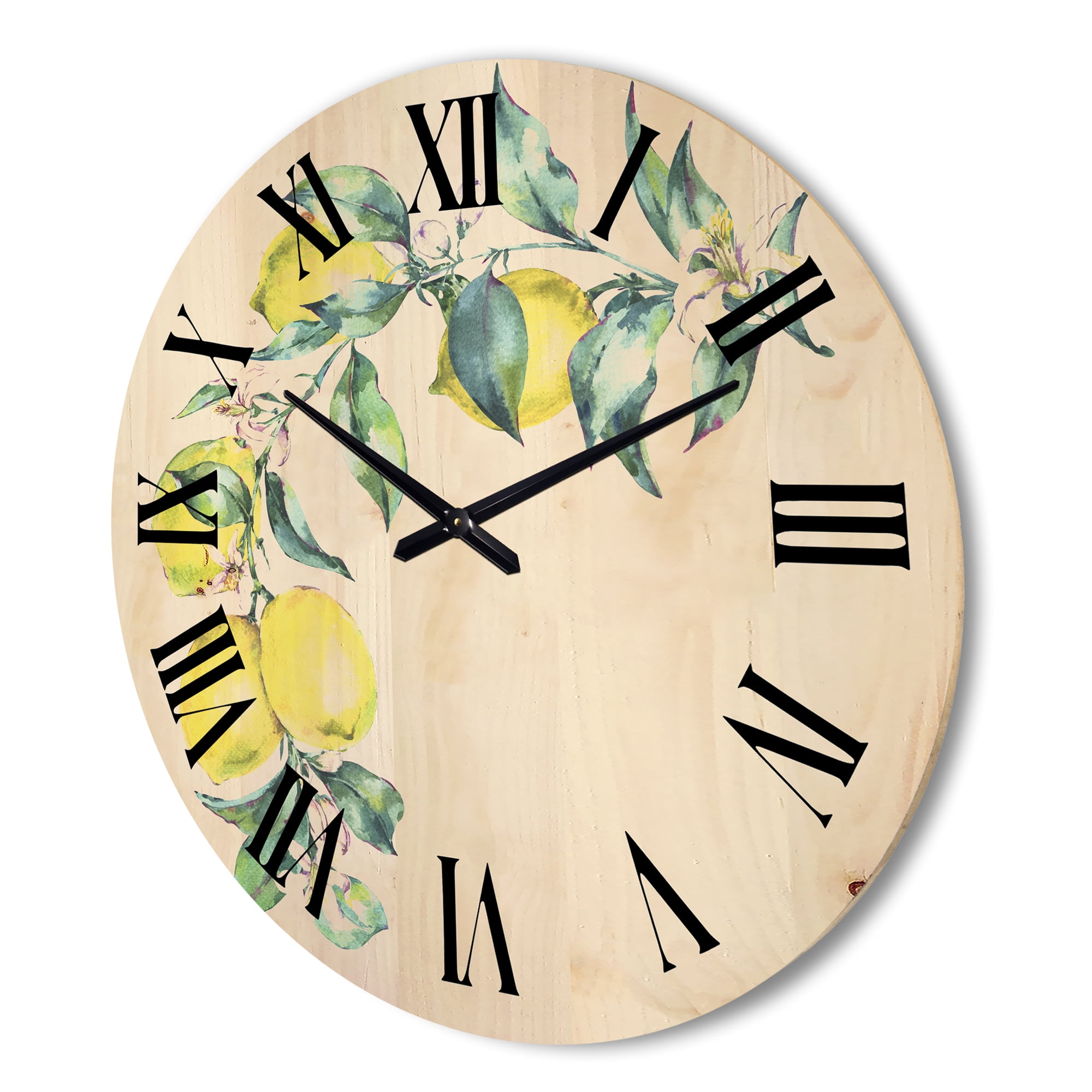 Designart 'Branch of Leaves and Yellow Lemons II' Tropical Wood Wall Clock