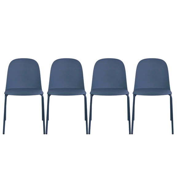 Set of 4 Stackable Dining Kitchen Chairs Plastic Armless Side with Back Curved Round Shape Chrome Metal Legs Indoor Outdoor Patio Blue