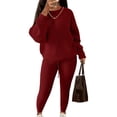 thumbnail image 2 of Womens Plus Size Pajama Set 2 Piece Long Sleeve Ribbed Lounge Sleepwear Knitted Set Wine Red 4XL, 2 of 6